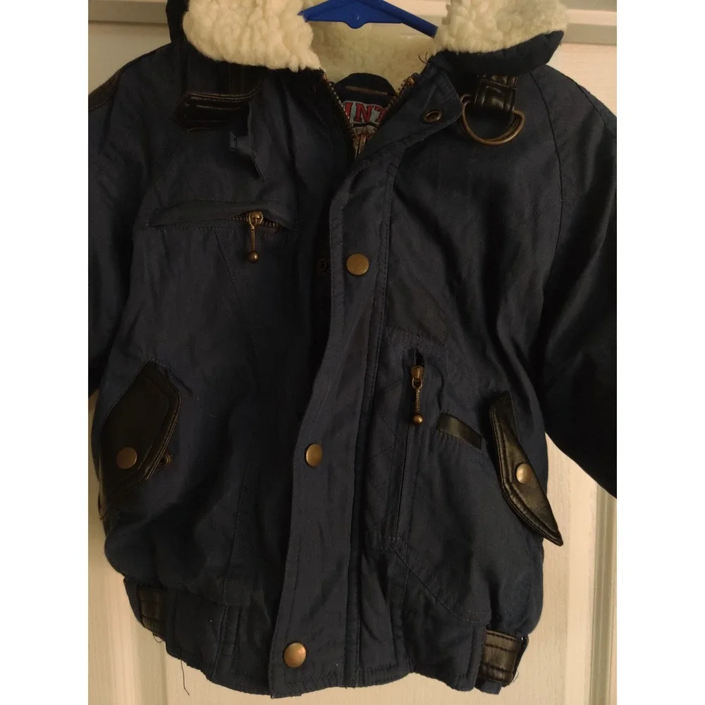 Mountain Reserve Kids Vintage Style Bomber Jacket Navy Blue Faux Leather Accents